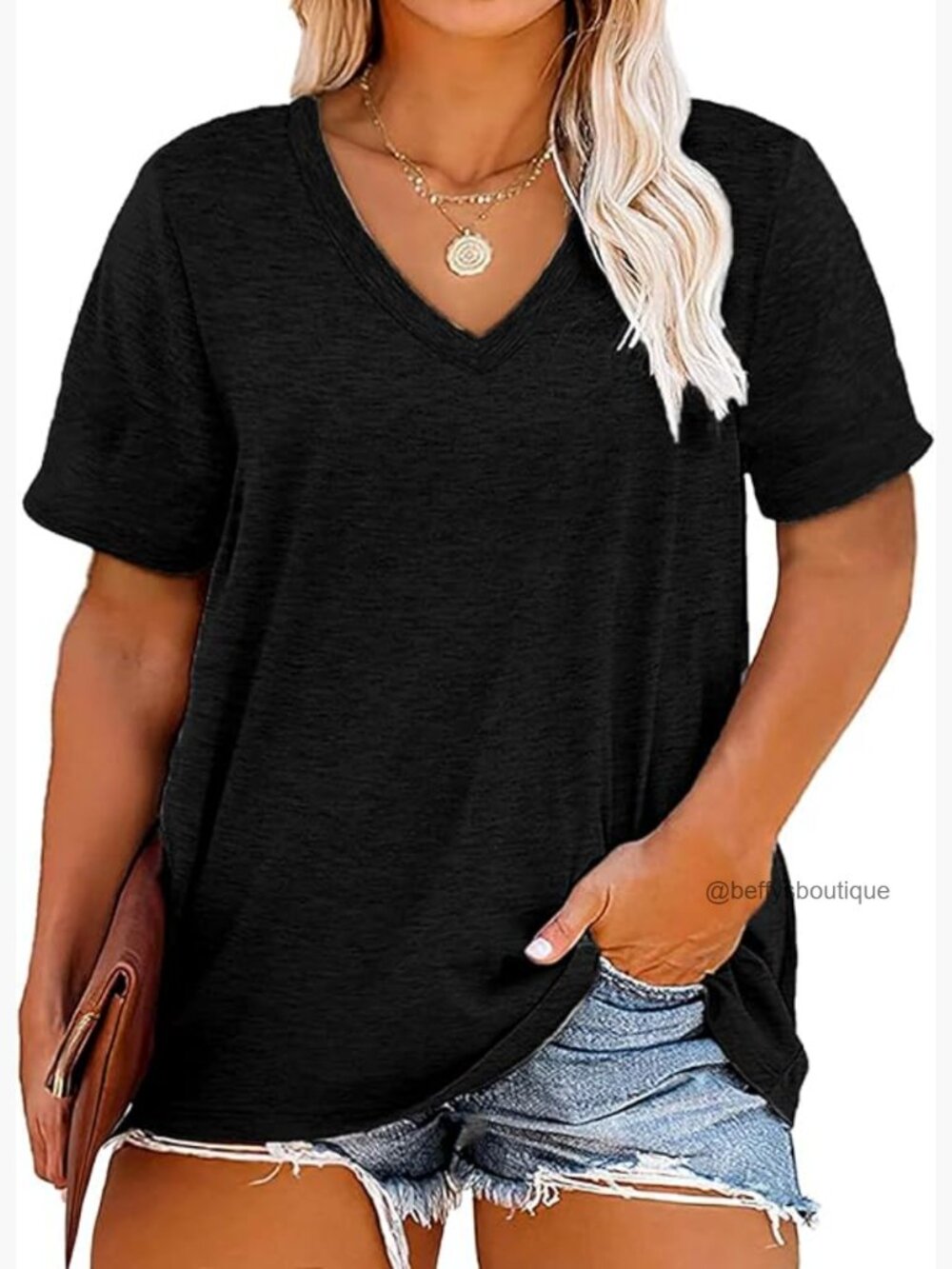 Plus Size V-Neck Short Sleeve T-Shirt Loose Fit Cotton Blend Tee
